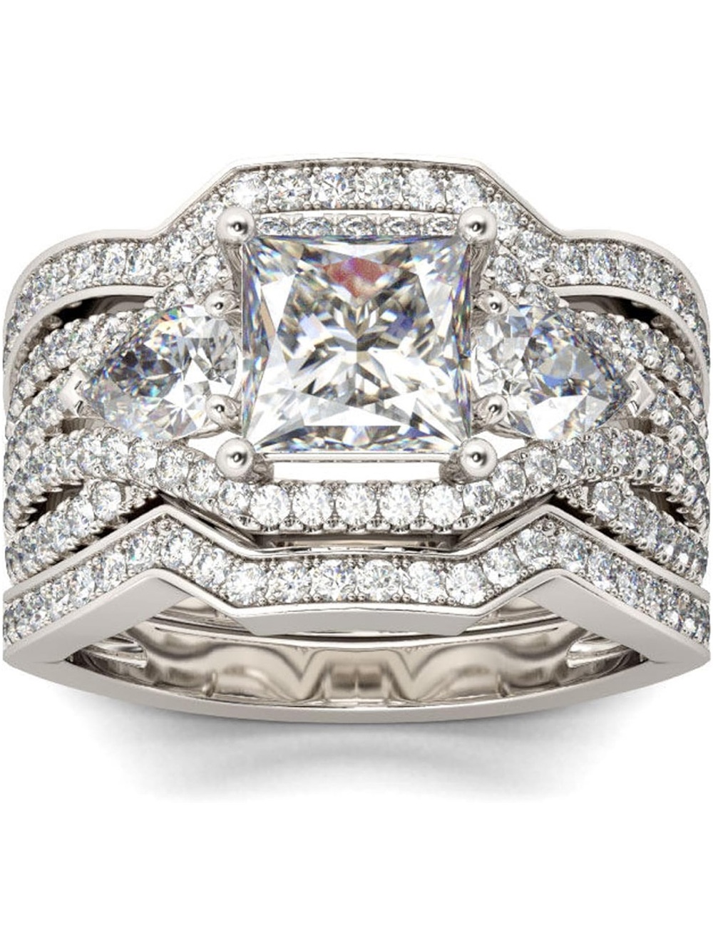 Julia Sterling Silver Brilliant Princess-Cut White Stone Silver-Bridal Ring Set